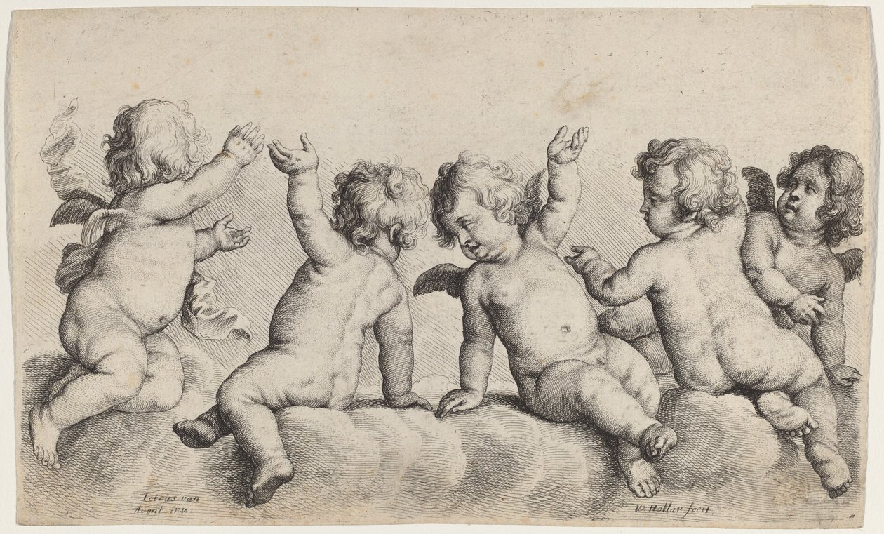 Kolme kerubia ja kaksi poikaa pilvissä tekijältä Wenceslaus Hollar, after Peeter van Avont