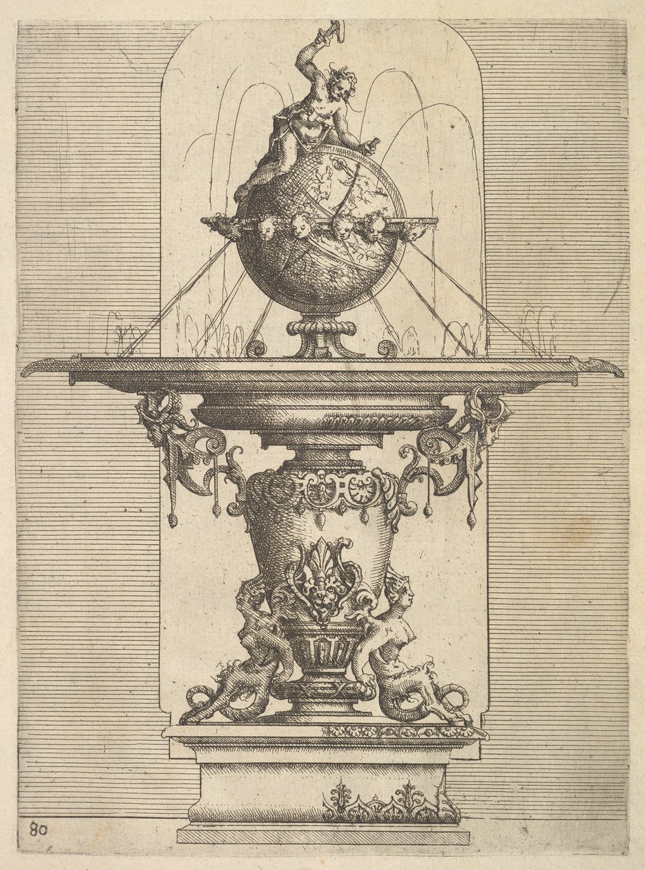 Suunnittelu suihkulähteelle, levy 80 Dietterlinin Arkkitehtuurista, 1598. tekijältä Wendel Dietterlin the Elder