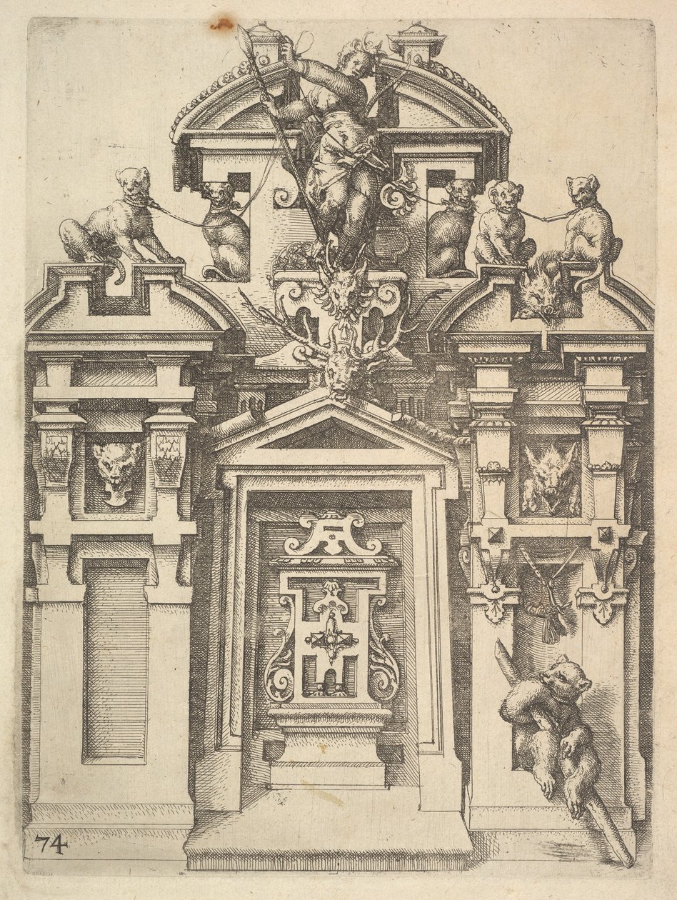 Suunnitelma arkkitehtoniselle rakennukselle, jossa on metsästysaihe, levy 74 Dietterlinin ark..., 1598. tekijältä Wendel Dietterlin the Elder