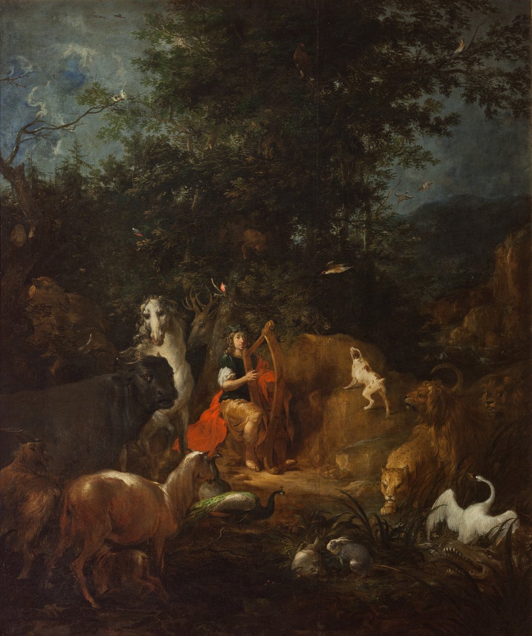 Orpheus eläinten kanssa maisemassa, ennen vuotta 1720 tekijältä Wenzel Lorenz Reiner