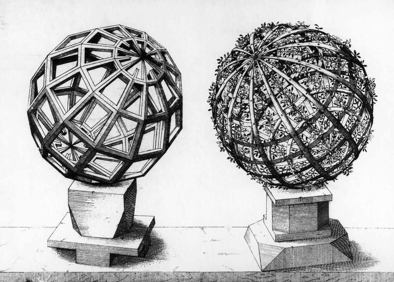 Perspektiivikuva, kaksi palloa, kaiverrus Perspectiva Corporum Regulariumista, Wentzel Jamnitzer (1508-1585), Nürnberg tekijältä Wenzel I Jamnitzer