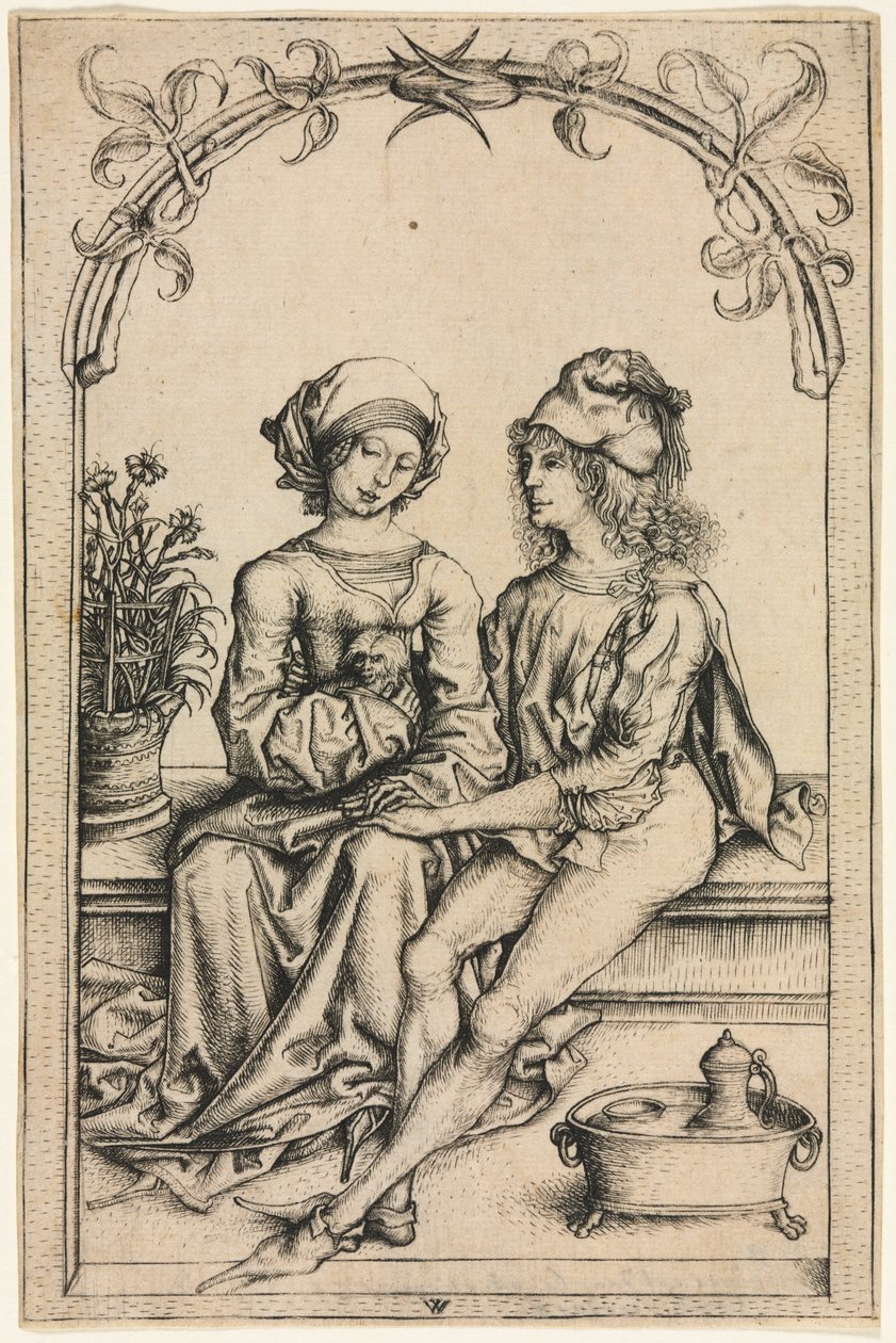 The Lovers (Kotikirjamestarin mukaan), c. 1490 (kaiverrus) tekijältä Wenzel or Wenceslaus von (after) Olmutz