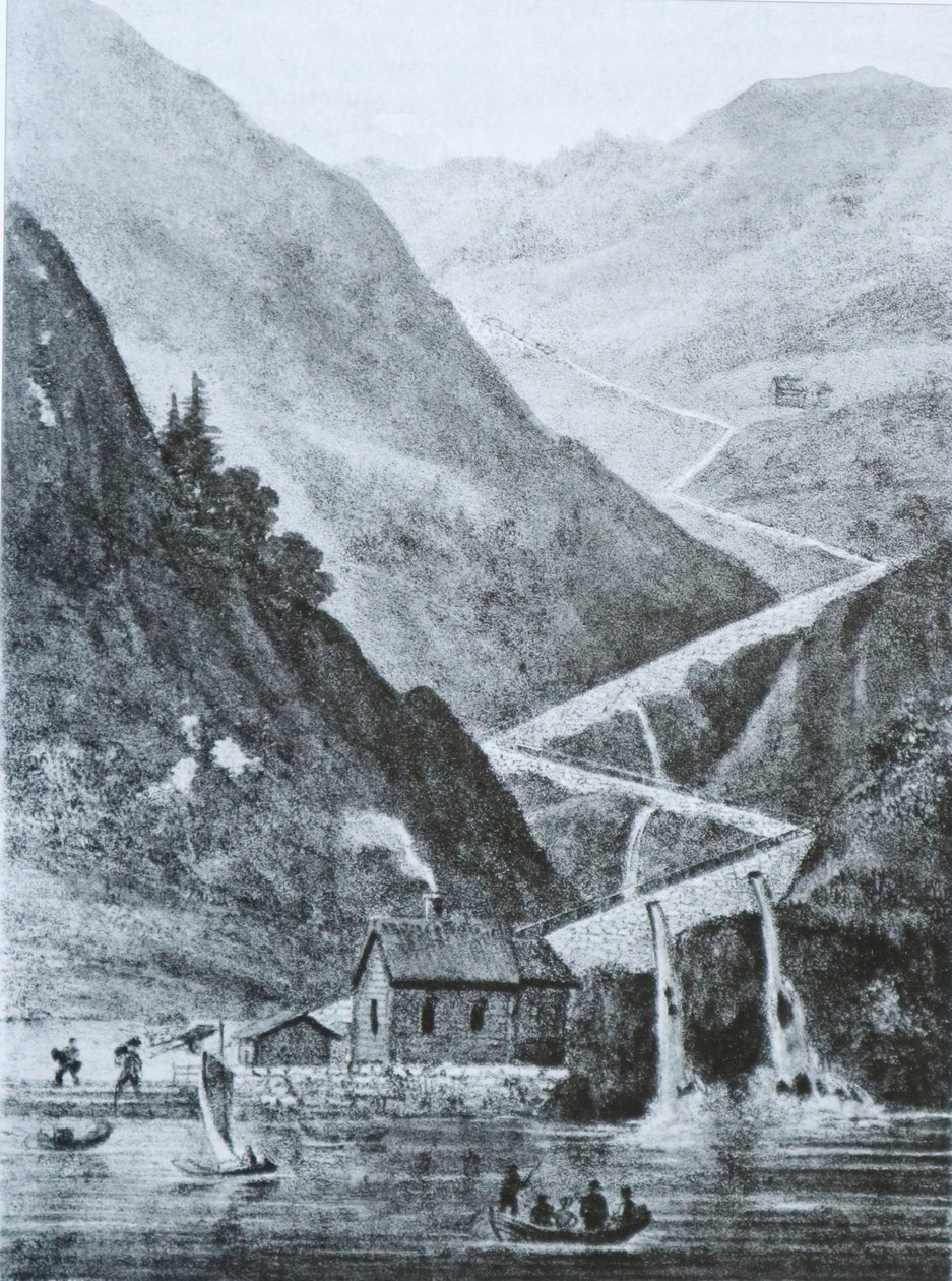Vestlandske hovedvei østover fra Fedafjorden, Rørvikkleven. Litografi tekijältä Peter Frederik Wergmann