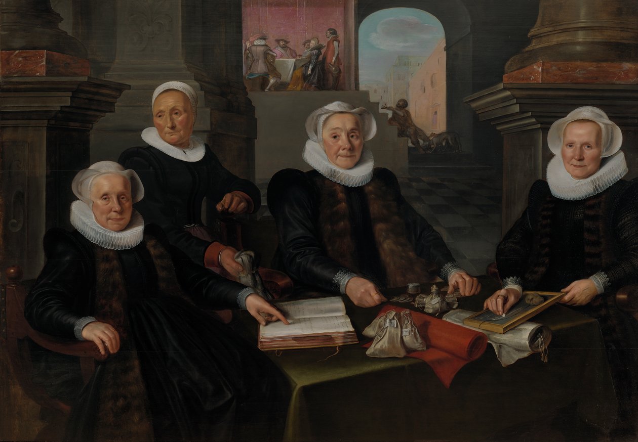 Drie regentessen en de binnenmoeder van het leprozenhuis te Amsterdam tekijältä Werner van den Valckert