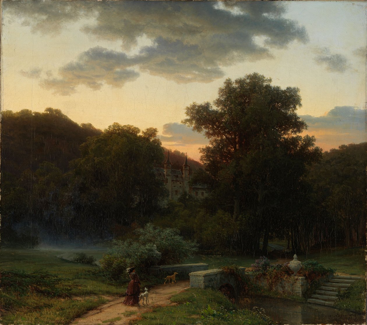 Saksalainen linnanpuisto auringonlaskun aikaan tekijältä Werner Holmberg