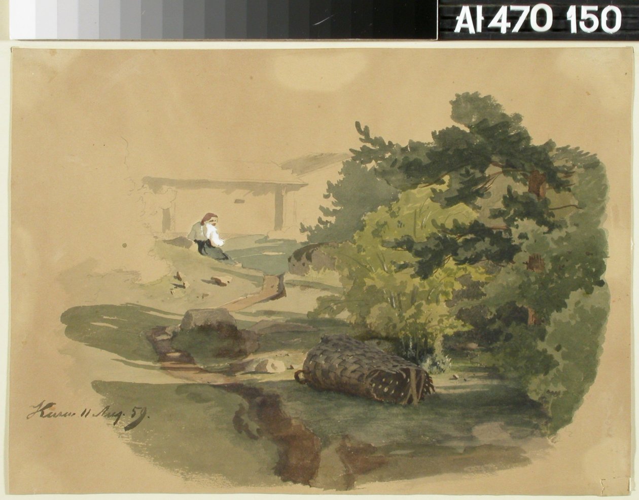 Landschaft mit Schindelkorb und sitzender Frau tekijältä Werner Holmberg