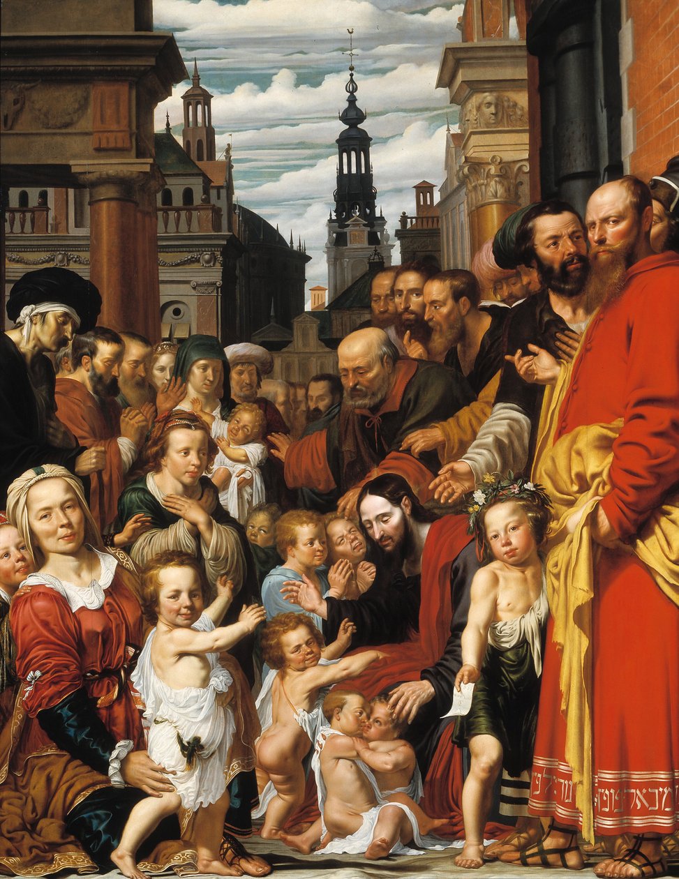 ""Antakaa pienten lasten tulla luokseni"" Jeesus toivottaa lapset tervetulleeksi - Werner Jacobsz van den Valckertin maalaus (noin 1585-noin 1635) 1620 Museum Catharijneconvent, Utrecht Saksa tekijältä Werner Jacobsz van den Valckert