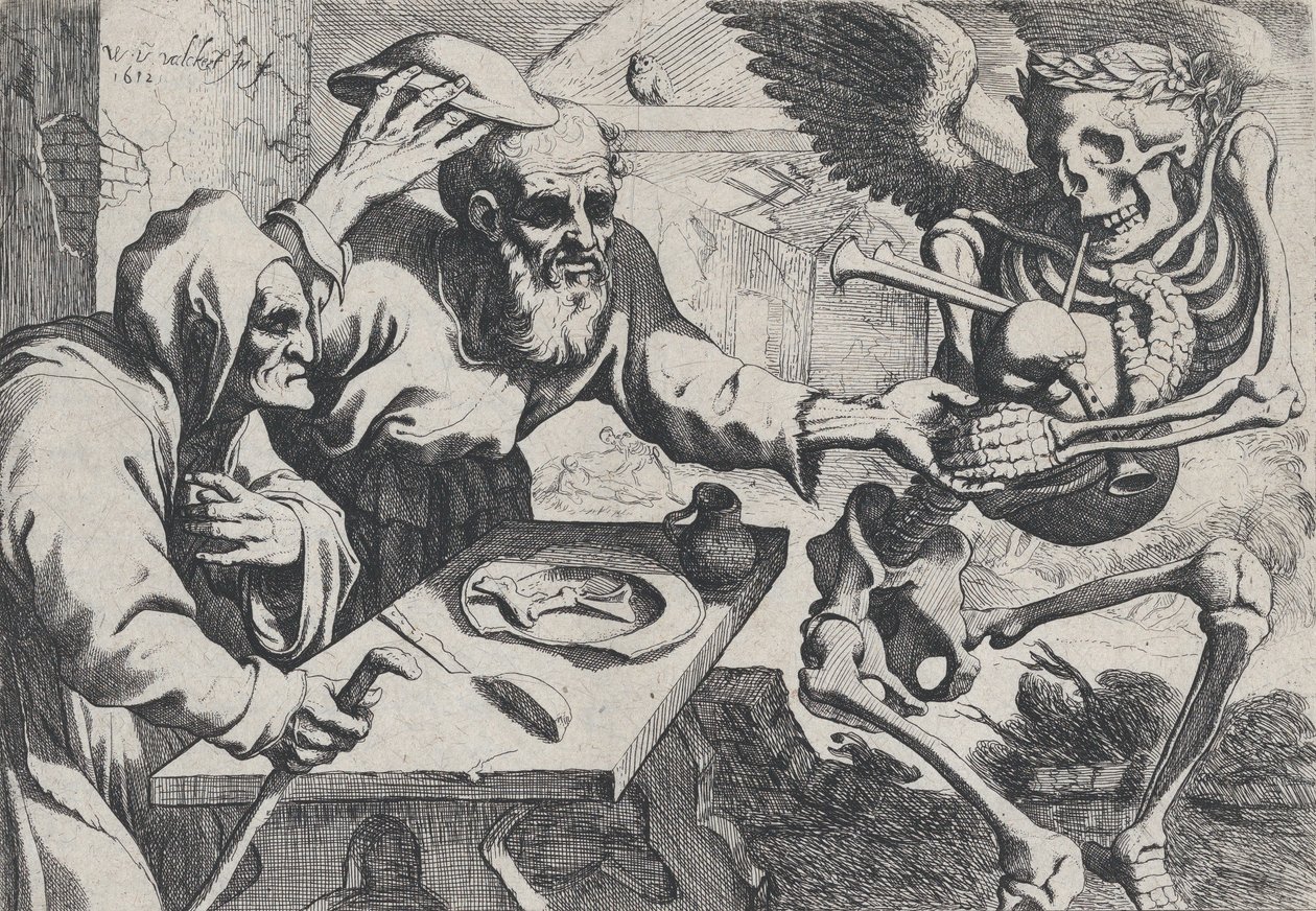 Vanha pariskunta ja kuolema säkkipillillä, 1612. tekijältä Werner Jacobsz. van den Valckert