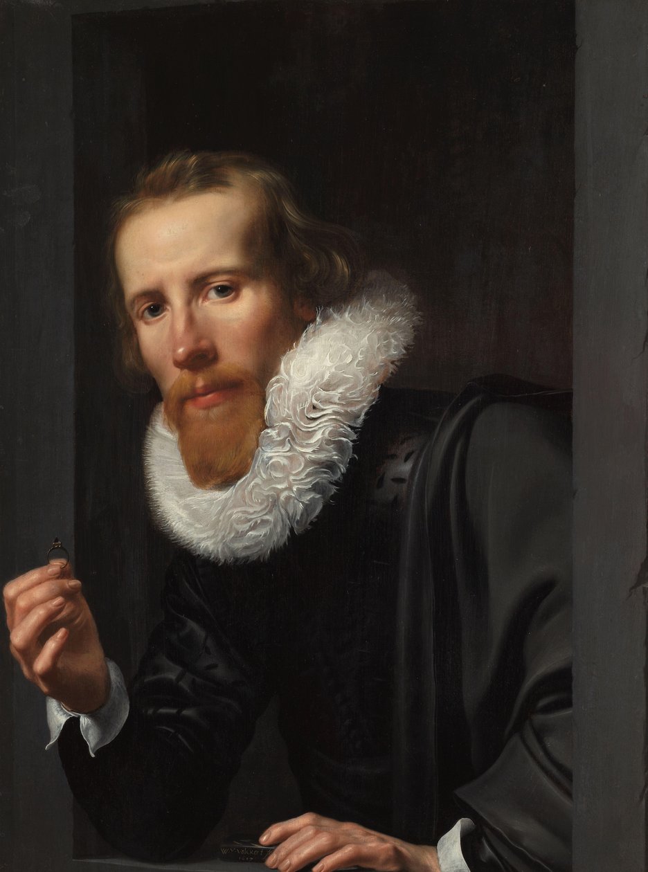 Kultasepän muotokuva, luultavasti Bartholomeus Jansz van Assendelft Muotokuva miehestä sormuksella ja koetinkivillä, luultavasti Bartholomeus Jansz van Assendelft (1585-1658) tekijältä Werner van den Valckert (signed by artist)