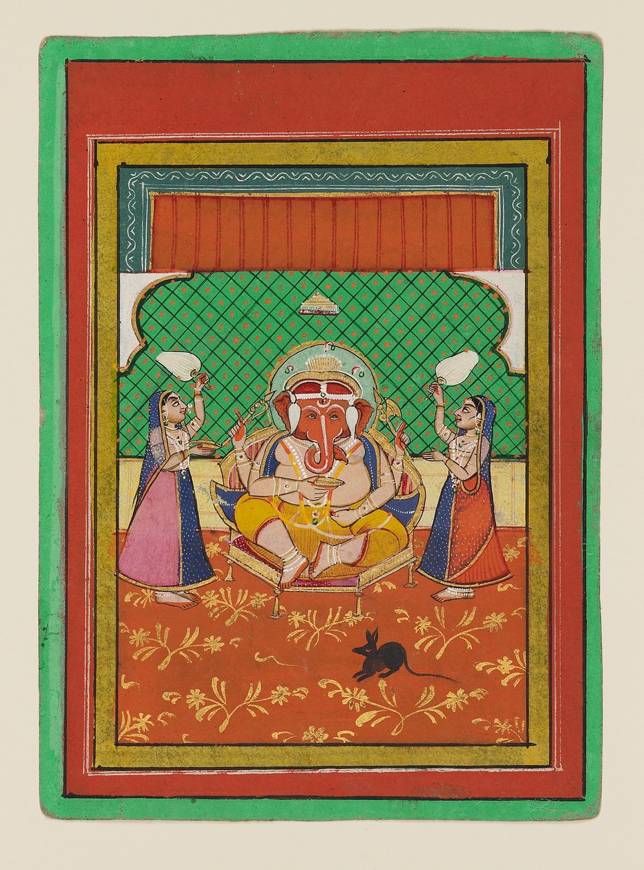 Istuva Ganesha palvelijoineen, 1800-luvun loppu - 1900-luvun alku (guassi paperilla) tekijältä West Indian School