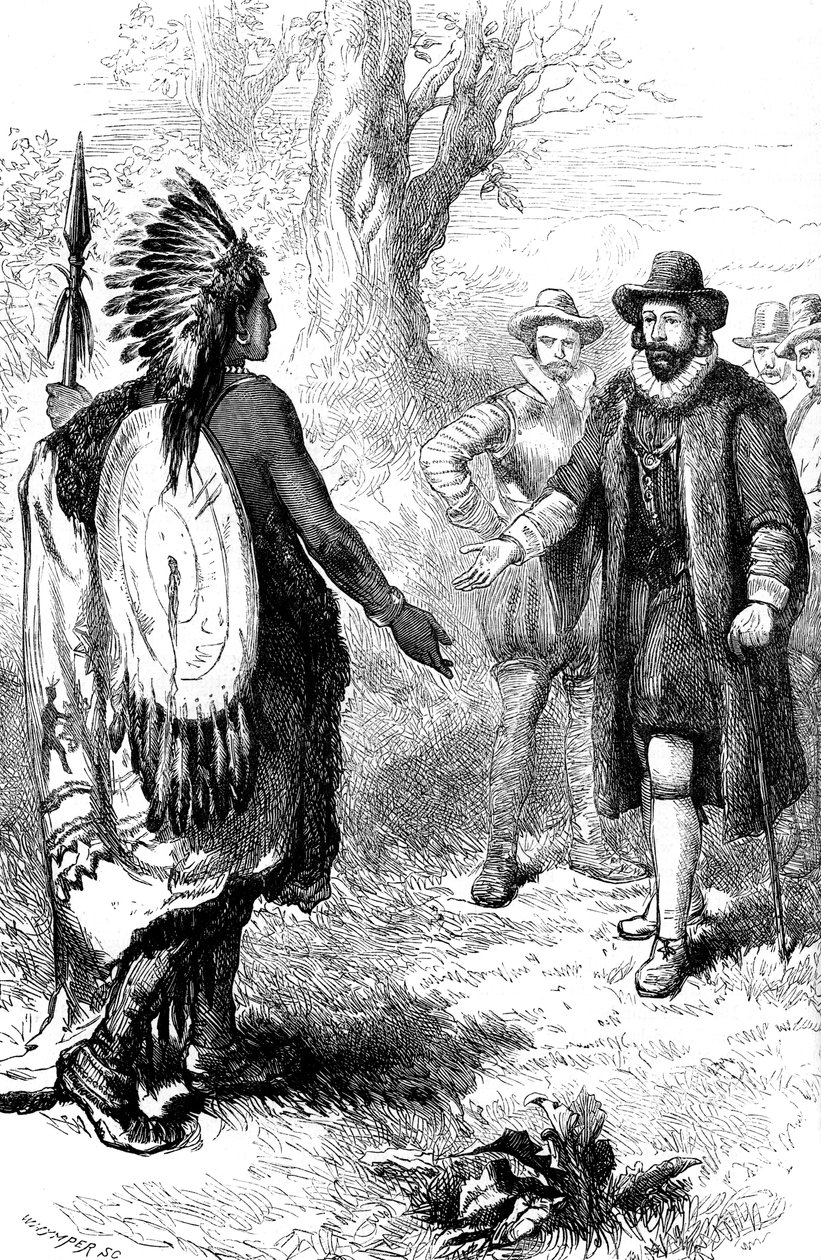 Narragansettin soturin vastaanotto, John Winthrop, Massachusetts, 1630-luku 1880 tekijältä Whymper