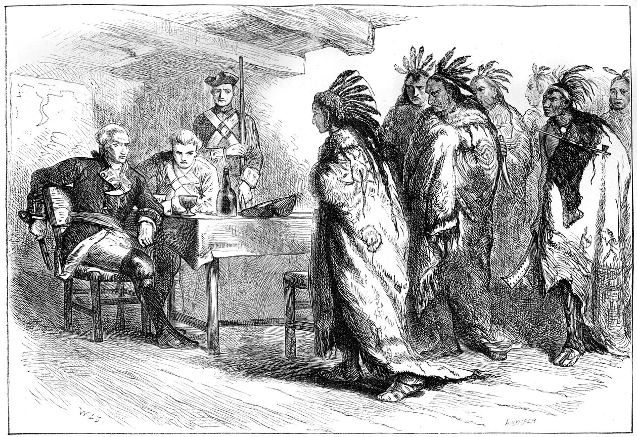 Pontiacin ja intiaanien vierailu majuri Gladwinin luona, 1763 c1880. tekijältä Whymper