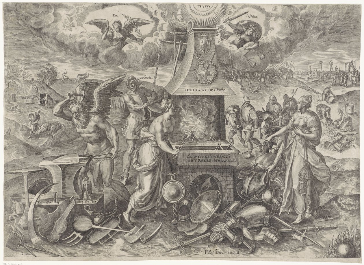 Rauhan voima, 1577 Die Cracht des Peys (otsikko esineessä) Allegoriat uudelle rauhankaudelle Alankomaissa (sarjan nimi) tekijältä Wierix