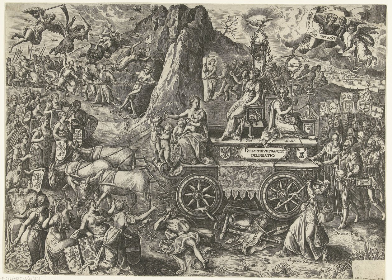 Triumphwagen van de vrede, 1577 Piirustus voittoisasta rauhasta (otsikko esineessä) tekijältä Wierix