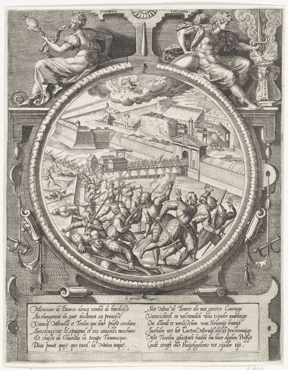 Boursen joukot karkottavat Treslongin ja Mervillen saksalaiset sotilaat linnoituksesta, 1577 Mitalit Antwerpenin linnoituksen vallassa vuonna 1577 (sarjan nimi) tekijältä Wierix