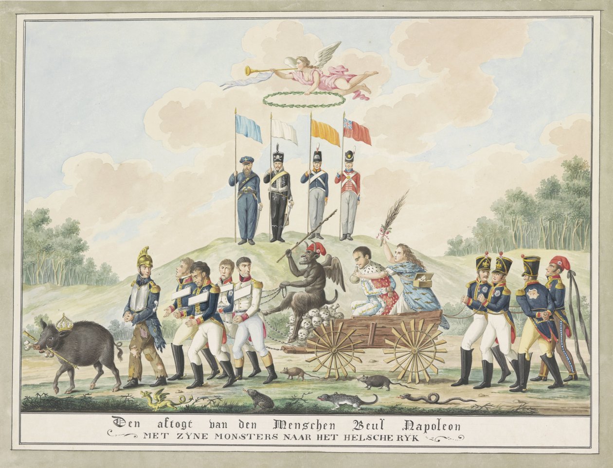 Sarjakuva Napoleonin pakkosiirtolaisuudesta Elbaan, 1814 Menschen Executioner Napoleonin ja hänen hirviöidensä laskeutuminen Helleenien valtakuntaan (otsikko esineessä) tekijältä Wijnand Esser (attributed to)