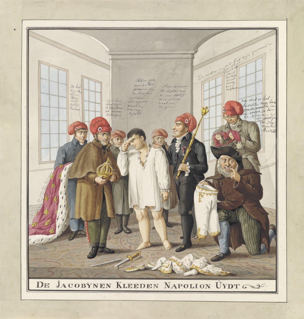Jakobiinien riisuman Napoleonin alasti, 1815 Jakobiinikangas Napolion Uijdt (otsikko esineessä) tekijältä Wijnand Esser