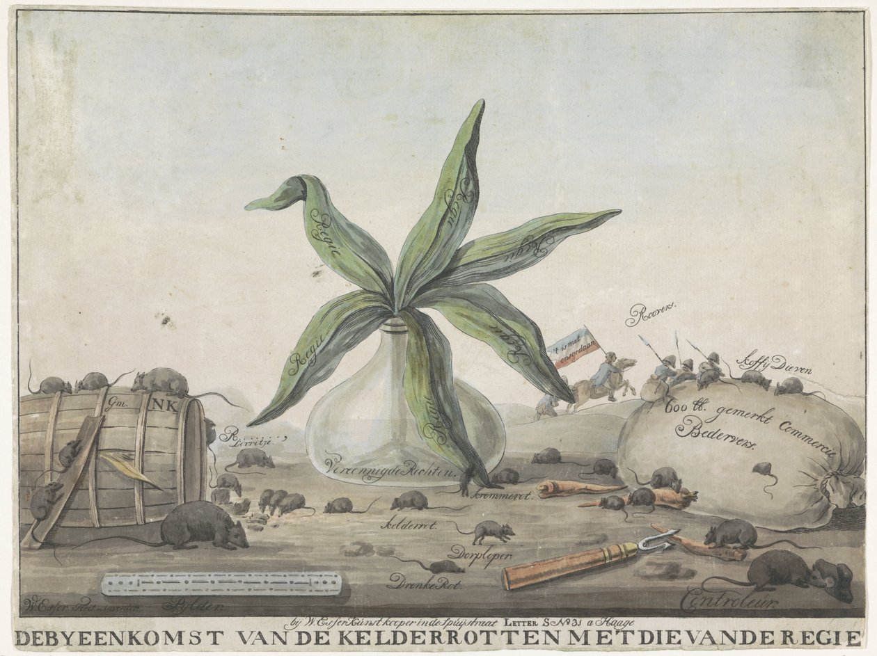 Sarjakuva Ranskan tullista, 1813-1814 Kellarin kokoontuminen mätä johtajan kanssa (otsikko esineessä) tekijältä Wijnand Esser