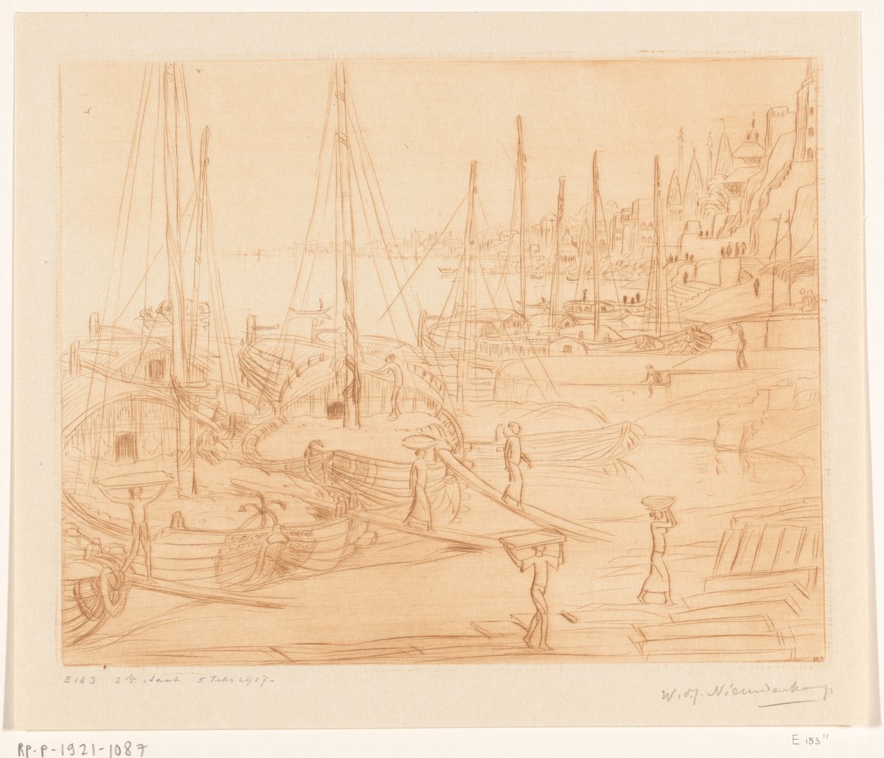 Laivat kiinnitettyinä Gangesin rannalle Benaresissa Ships Unloading II (alkuperäinen nimi) tekijältä Wijnand Otto Jan Nieuwenkamp (signed by artist)