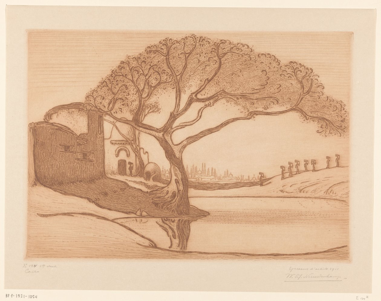 Puu lammen rannalla lähellä Kairoa Lähellä Kairoa (alkuperäinen nimi) Kairo (otsikko esineessä) tekijältä Wijnand Otto Jan Nieuwenkamp (signed by artist)