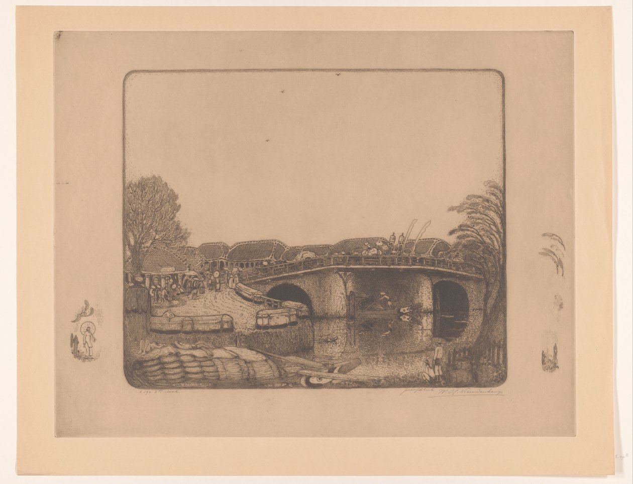 Bruggessa Bataviassa Aan de Kali Besar te Batavia (alkuperäinen nimi) tekijältä Wijnand Otto Jan Nieuwenkamp (signed by artist)