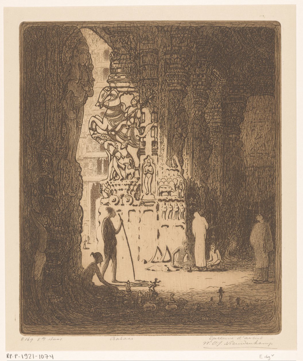 Veistetyt pylväät basaarissa Maduraissa Bazaar, Madura (alkuperäinen nimi) tekijältä Wijnand Otto Jan Nieuwenkamp (signed by artist)