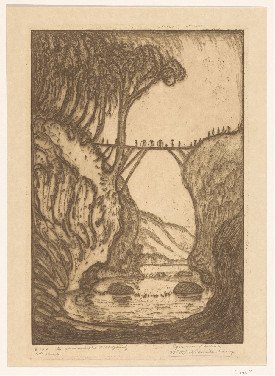 Puinen silta joen rotkon yli Balilla The Dangerous Transition (alkuperäinen nimi) tekijältä Wijnand Otto Jan Nieuwenkamp (signed by artist)