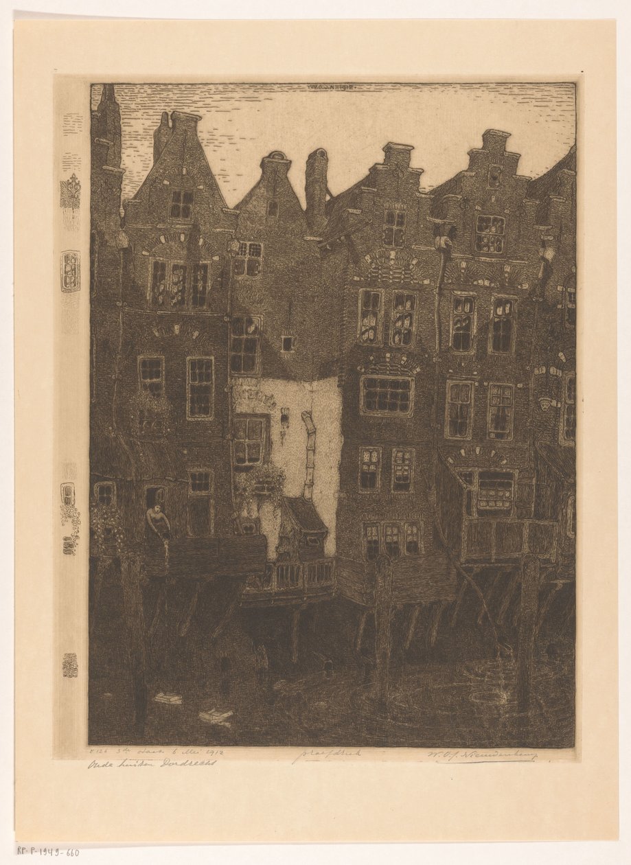 Talot Voorstraathavenissa Dordrechtissa Kanava, Dordrecht (alkuperäinen nimi) Vanhat talot, Dordrecht (otsikko esineessä) tekijältä Wijnand Otto Jan Nieuwenkamp (signed by artist)