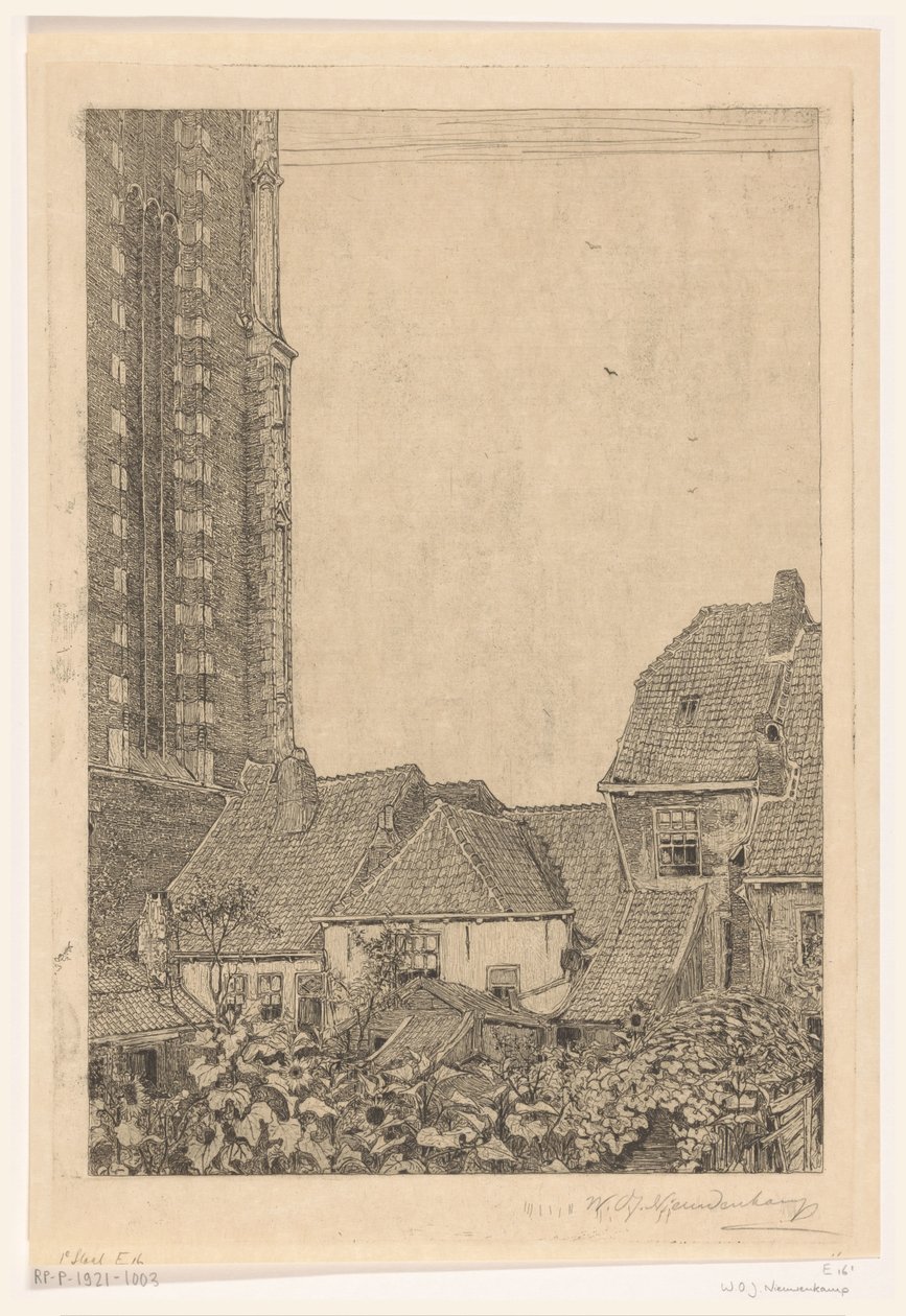 Talot Onze-Lieve-Vrouwetorenissa Amersfoortissa Tornin juurella (alkuperäinen nimi) tekijältä Wijnand Otto Jan Nieuwenkamp (signed by artist)
