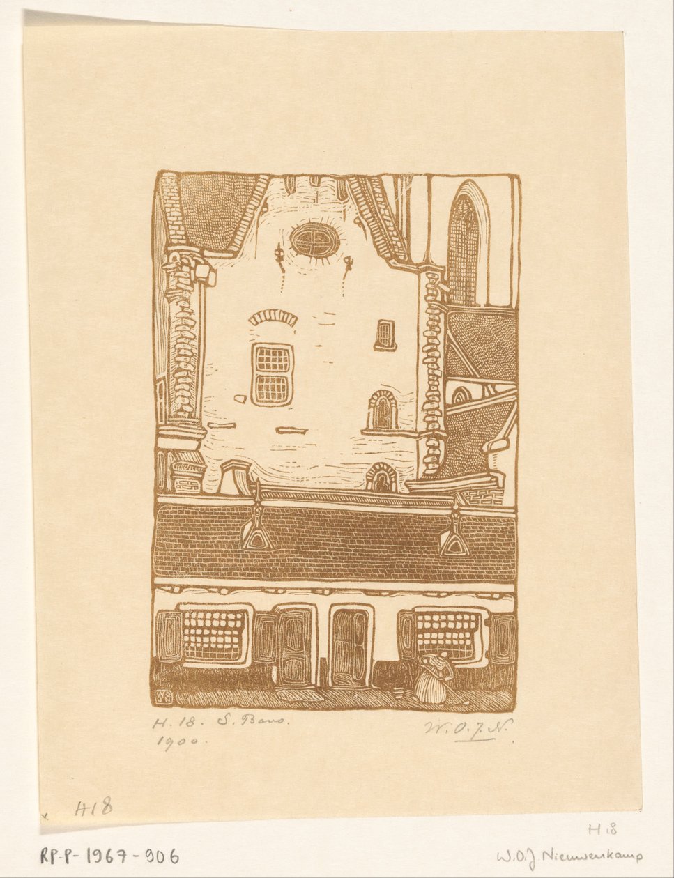 Taloja Sint-Bavokerkia vastaan ​​Oude Groenmarktilla Haarlemissa St. Bavo, Haarlem (alkuperäinen nimi) tekijältä Wijnand Otto Jan Nieuwenkamp (signed by artist)