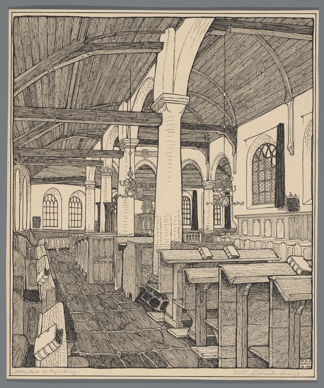 Rijnsburgin Abbey-kirkon sisätilat tekijältä Wijnand Otto Jan Nieuwenkamp (signed by artist)