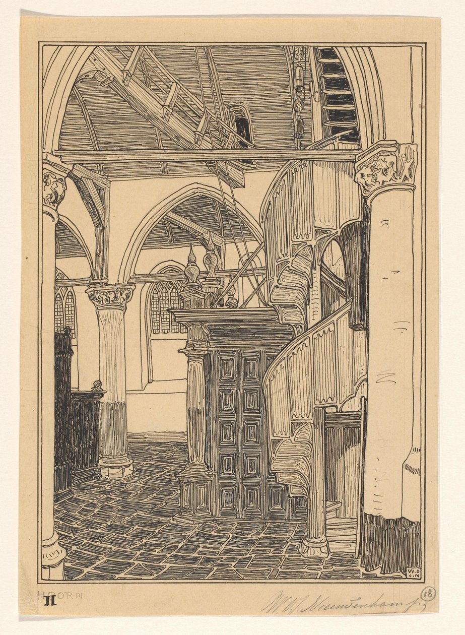 Noorderkerkin sisätilat Hoornissa tekijältä Wijnand Otto Jan Nieuwenkamp (signed by artist)