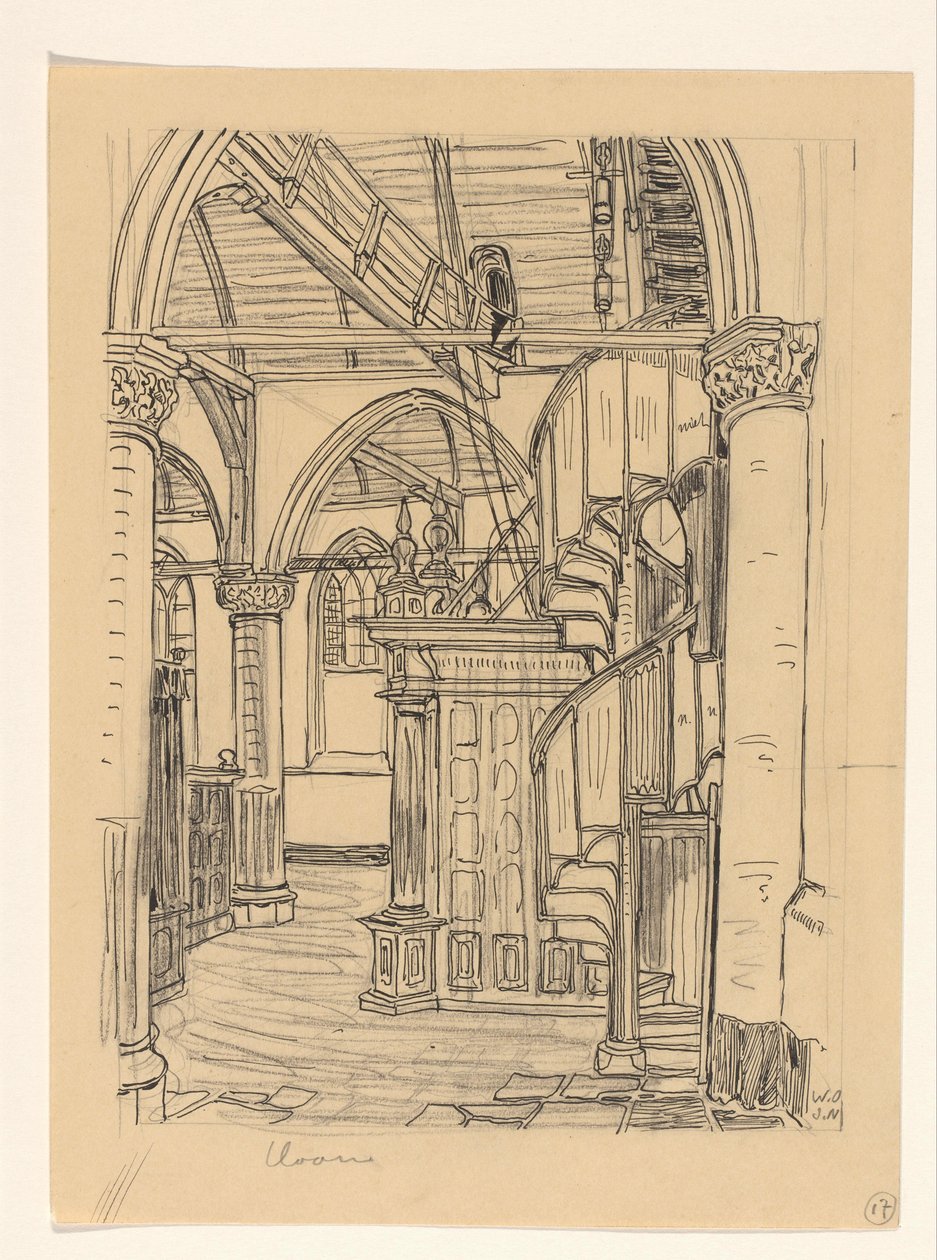 Noorderkerkin sisätilat Hoornissa tekijältä Wijnand Otto Jan Nieuwenkamp (signed by artist)