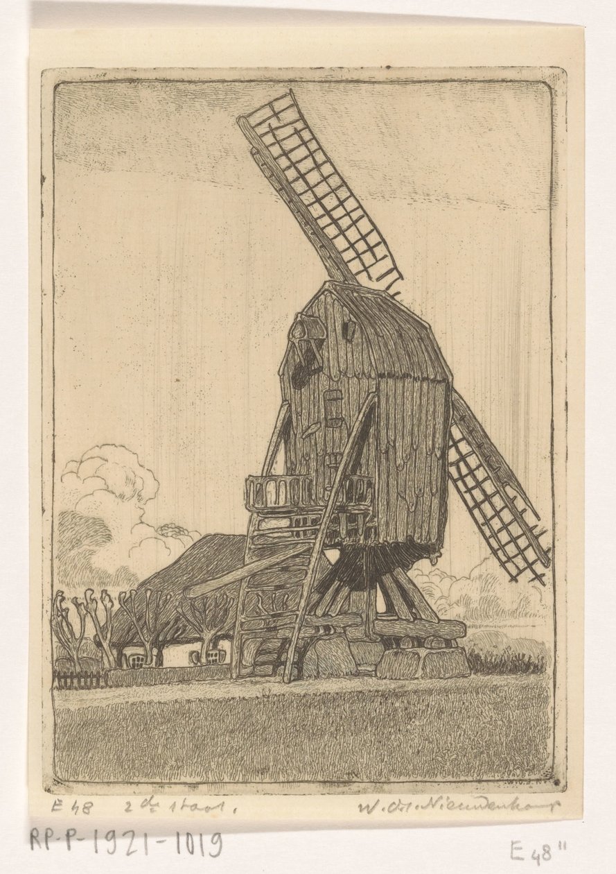 Maissimylly kahdella terällä Bennekomissa Vanha mylly (alkuperäinen nimi) tekijältä Wijnand Otto Jan Nieuwenkamp (signed by artist)