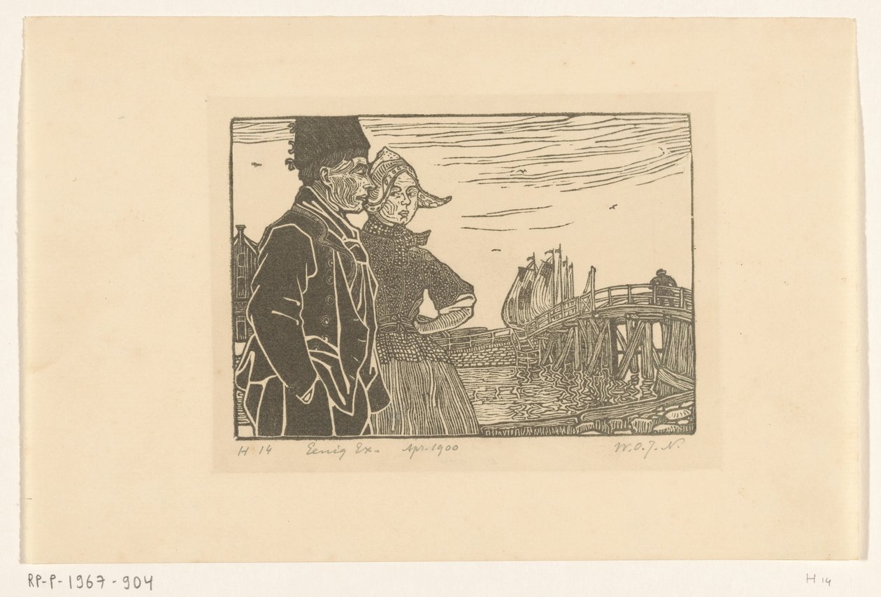 Mies ja nainen Volendam-perinteisessä asussa Pariskunta (alkuperäinen nimi) tekijältä Wijnand Otto Jan Nieuwenkamp (signed by artist)