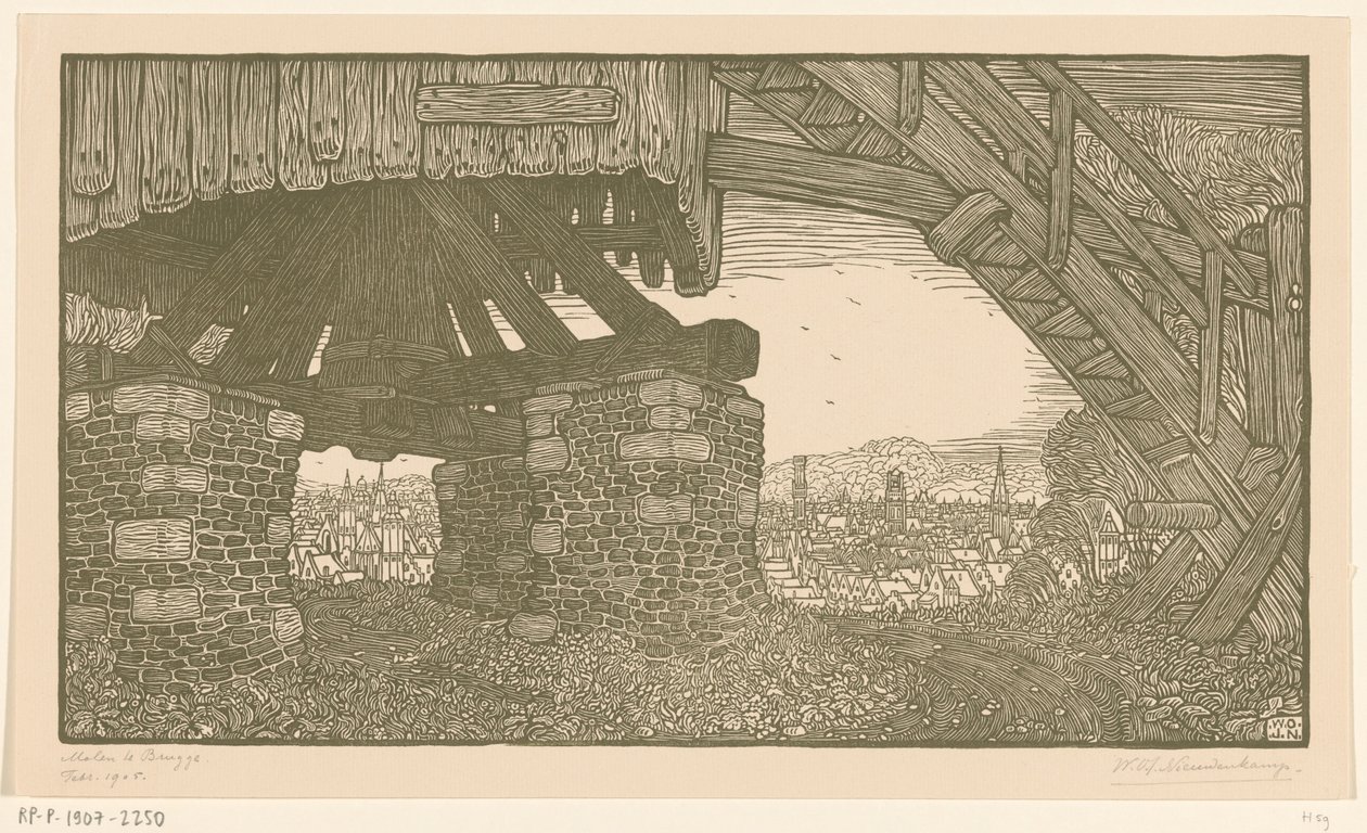 Jauhomyllyn pohjaosa Bruggessa Tuulimylly Bruggessa (alkuperäinen nimi) tekijältä Wijnand Otto Jan Nieuwenkamp (signed by artist)