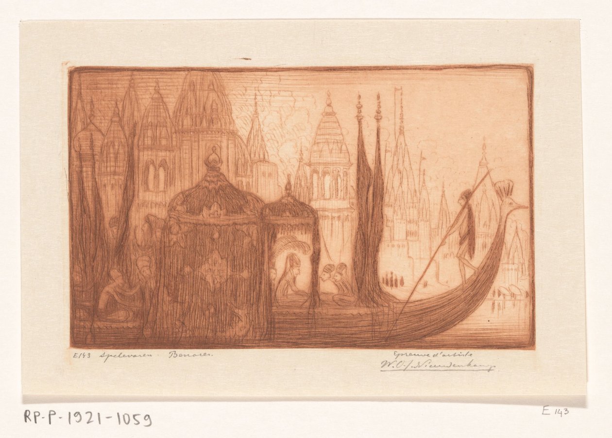 Huvivene Gangesilla Benaresissa Pelipurjehdus, Benares (alkuperäinen nimi) tekijältä Wijnand Otto Jan Nieuwenkamp (signed by artist)