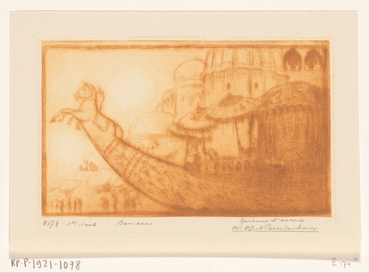 Benaresin Maharajan huvivene Gangesilla Maha Rajan vene, Benares (alkuperäinen nimi) tekijältä Wijnand Otto Jan Nieuwenkamp (signed by artist)