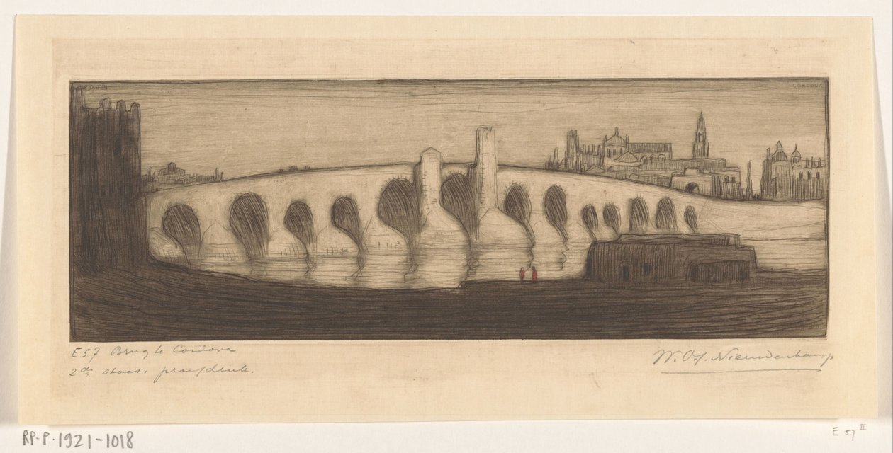 Romeinse brug Guadalquivirin yllä Cordobassa Brug te Cordova (alkuperäinen nimi) tekijältä Wijnand Otto Jan Nieuwenkamp (signed by artist)