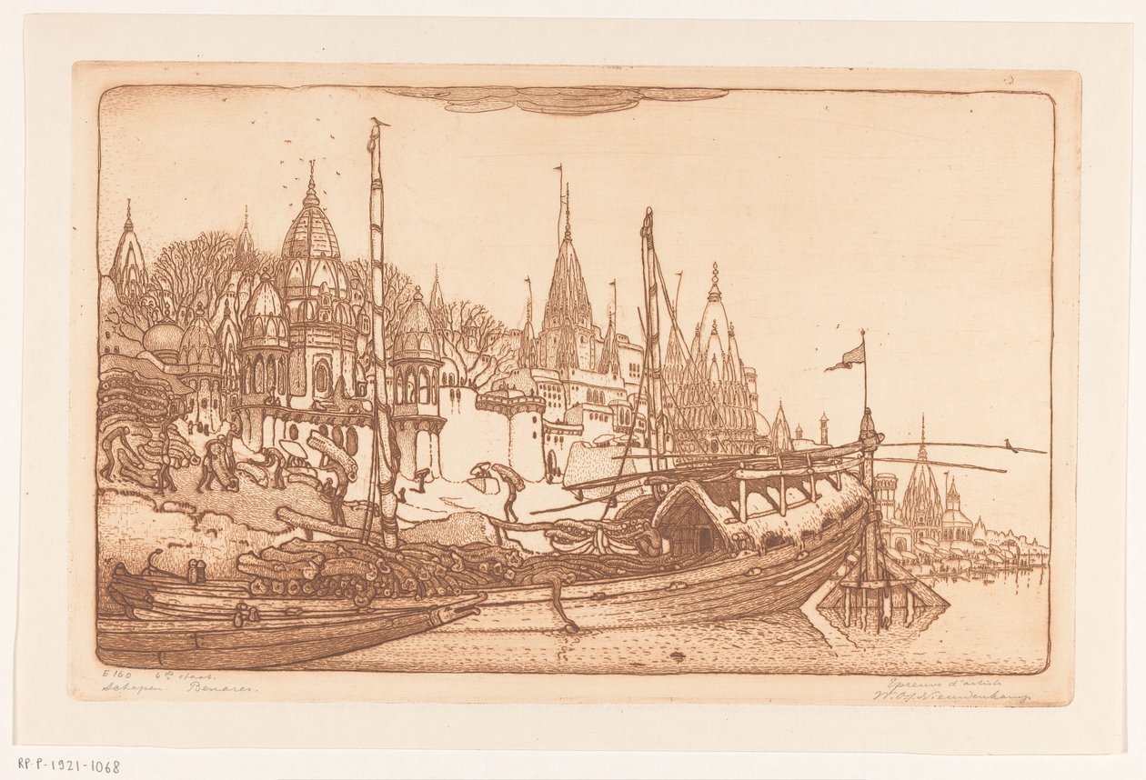 Laiva polttopuilla Gangesin rannalla Benaresissa Laiva polttopuilla, Benares (alkuperäinen nimi) Laivat, Benares (nimi esineessä) tekijältä Wijnand Otto Jan Nieuwenkamp (signed by artist)