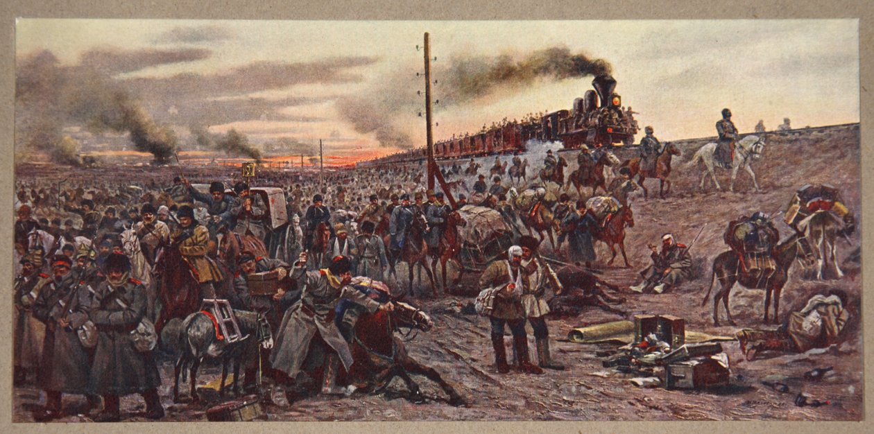 Mukdenin taistelun jälkeen matkalla Thelineen, kuvitus teoksesta Manchuria: kuvat Venäjän ja Japanin sodasta, toimittanut A. Martynov, Pietari, 1907 tekijältä Wiktor Mazourowsky