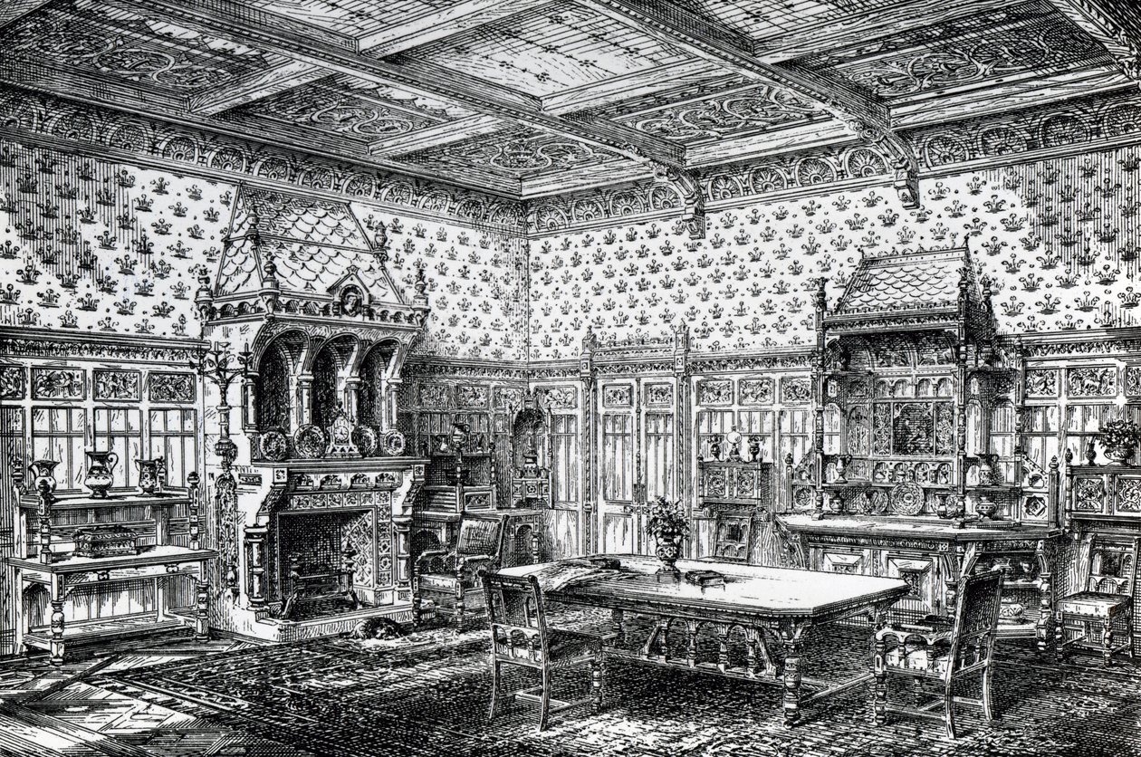 Suunnittelu goottilaiseen ruokasaliin, julkaistu The House-Furnisher & Decoratorissa, 1. syyskuuta 1872 tekijältä Wilberforce Haddon