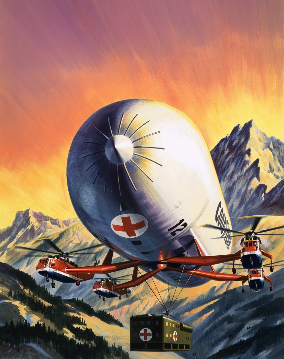 Futuristinen helikopterien ja ilmalaivojen yhdistelmä, jota käytetään suurten kuormien kuljettamiseen. tekijältä Wilf (20th century) Hardy