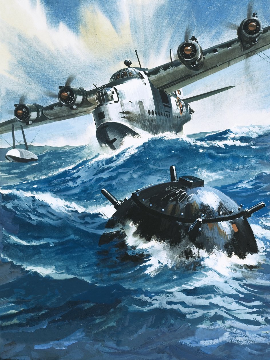 Kun lentävä upseeri G. O. Singleton käynnisti Short Sunderland -lentokoneen moottorin, hän näki ajelehtivan miinan. tekijältä Wilf (20th century) Hardy