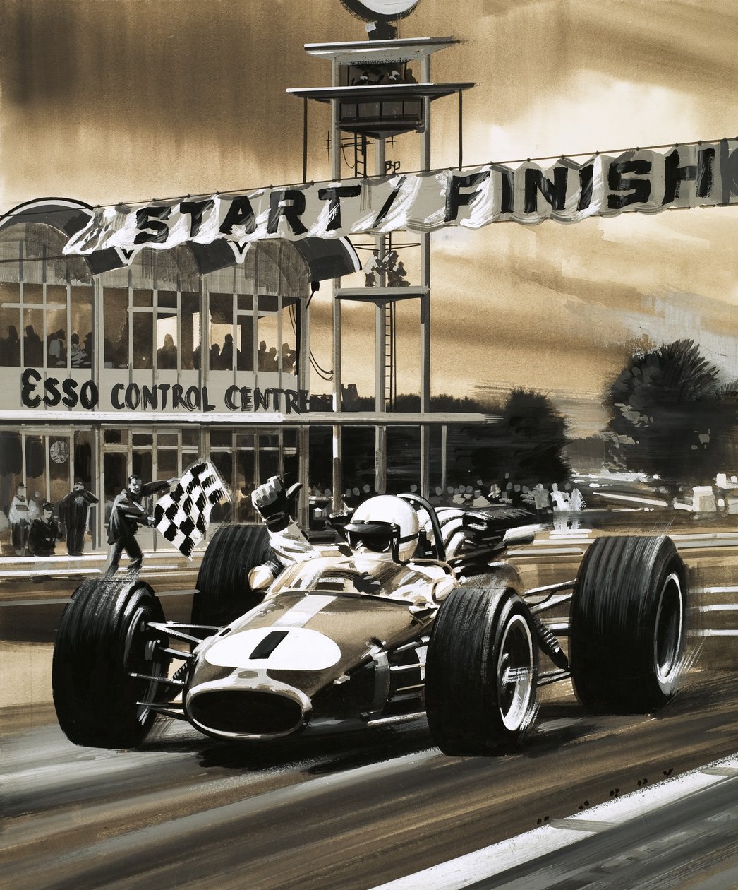Jack Brabham nostaa peukalonsa ylös voittaessaan Kanadan ensimmäisen Grand Prix -kisan. tekijältä Wilf (20th century) Hardy