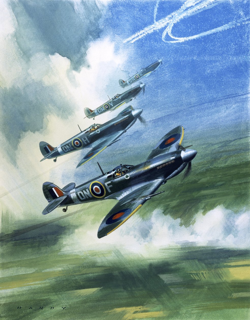 Kanadan kuninkaallisten ilmavoimien 416. laivueen partiolentue, Spitfire Mark 9:t (guassia paperille). tekijältä Wilf (20th century) Hardy