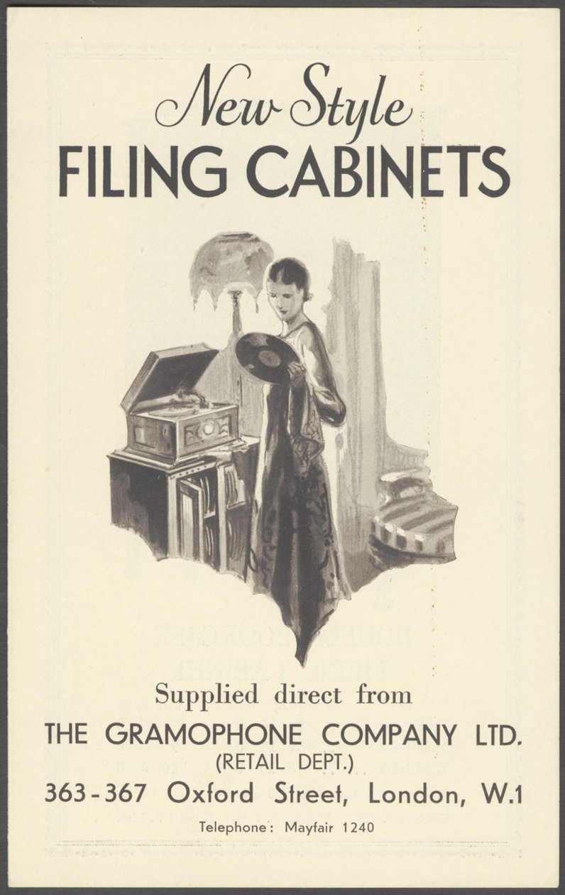 Gramophone Companyn arkistokaapit, 1920-luku tekijältä Wilfred Fryer, Curtis Advertising Agency