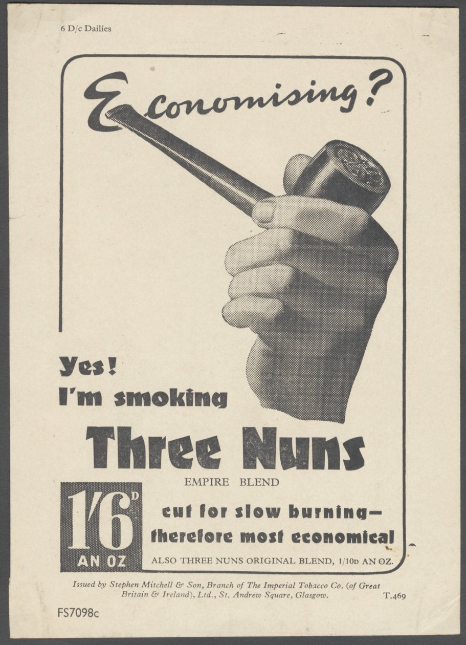 Three Nuns Pipe Tobacco, noin 1930-luku tekijältä Wilfred Fryer