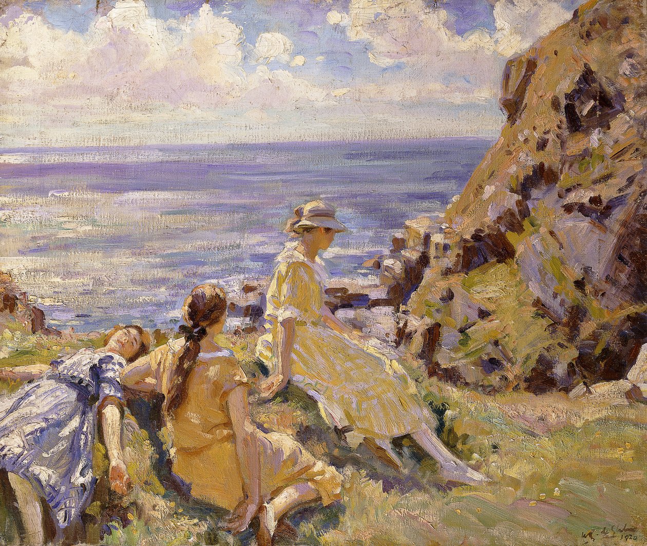 Taiteilijoiden veljentytöt kallioilla Frying Panissa, Cadgwithissa, Cornwallissa tekijältä Wilfred Gabriel de Glehn