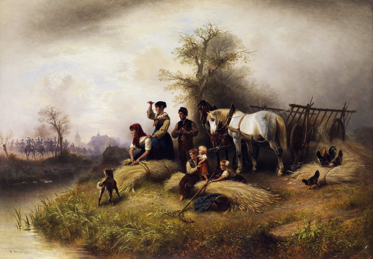 Bauernfamilie bei der Kornernte beobachtet einen Zug der Kavallerie tekijältä Wilhelm Meyerheim